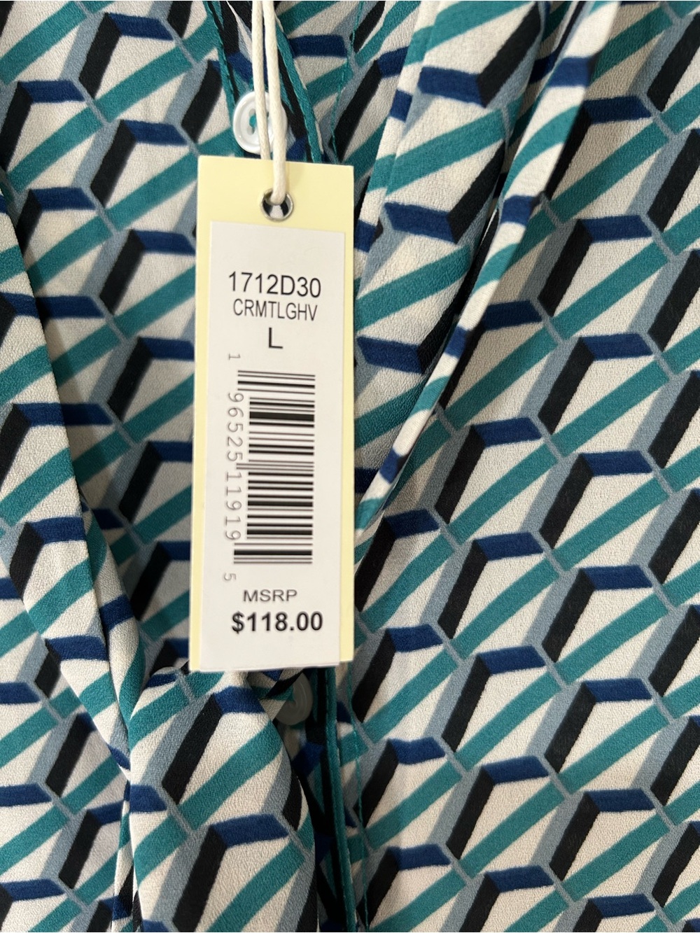 Max Studio Teal, Navy and White Geometric Tie-Neck Button-Down Blouse Top - NWT - Picture 7 of 14